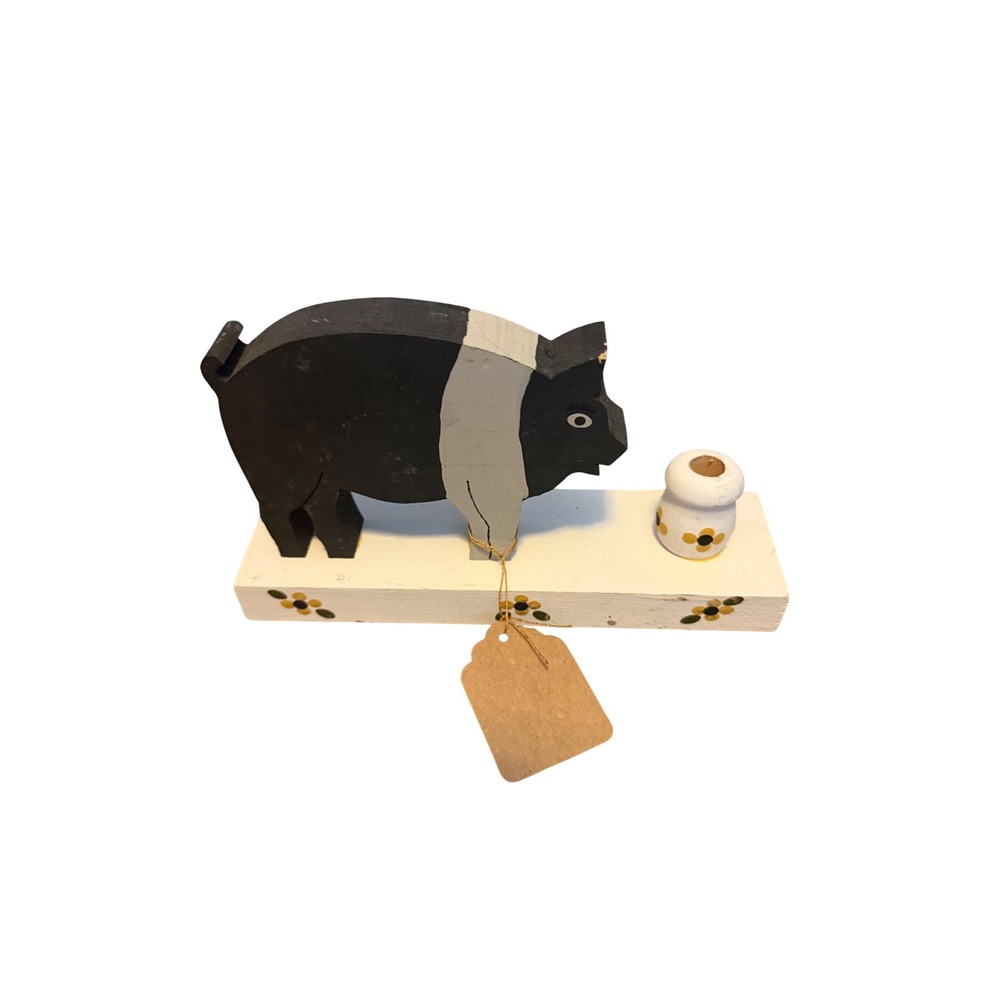 Vintage Cottage Piggy Hand Painted Wooden Folk Art Pig Figurine Farmhouse Decor